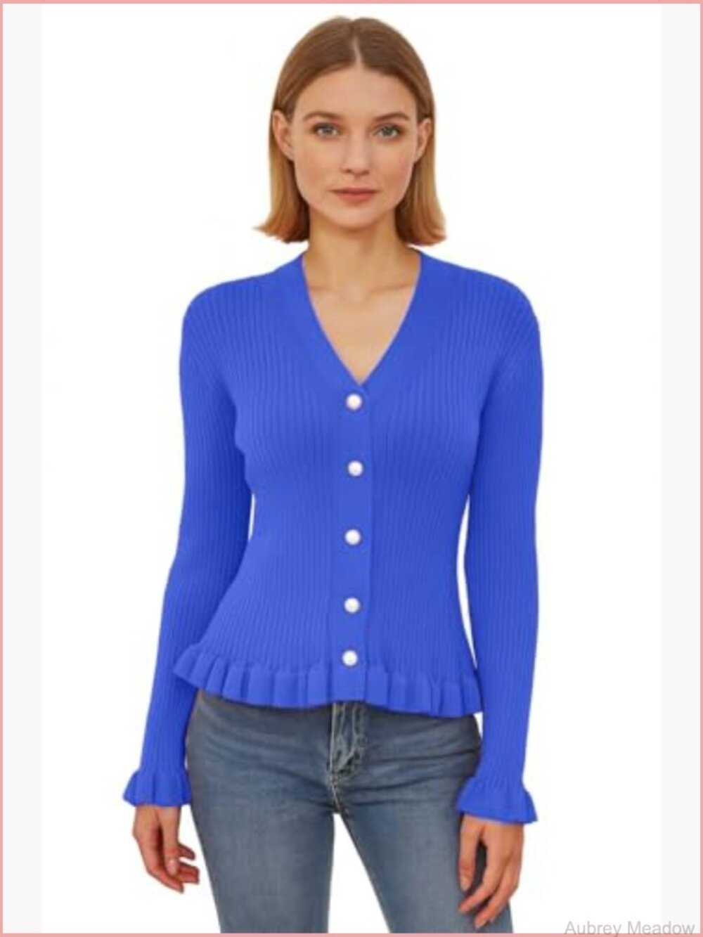 Ruffled Trim Ribbed Knit V-Neck Pearl Button Cardigan - Picture 4 of 7